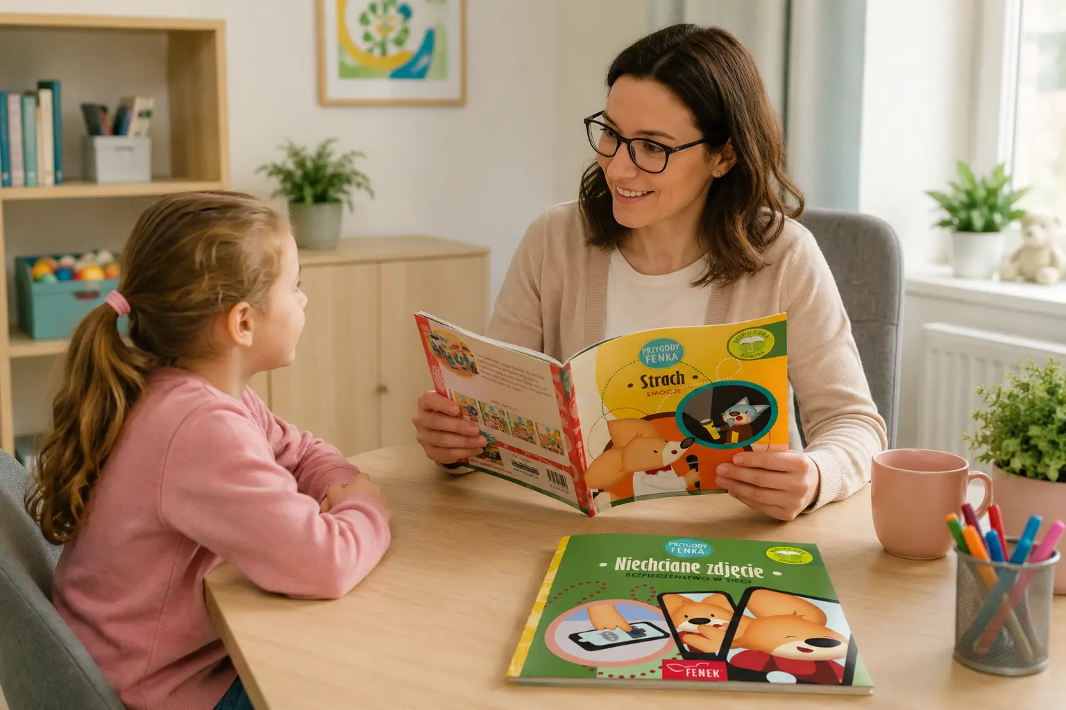 Specjalistka rozmawia z dzieckiem, korzystając z książki Przygody Fenka